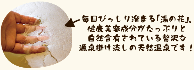 毎日びっしり溜まる「湯の花」。健康美容成分がたっぷりと自然含有されている贅沢な源泉掛け流しの天然温泉です！